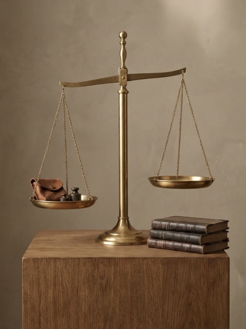 Balanza de latón sobre un pedestal de madera junto a tres libros encuadernados en piel