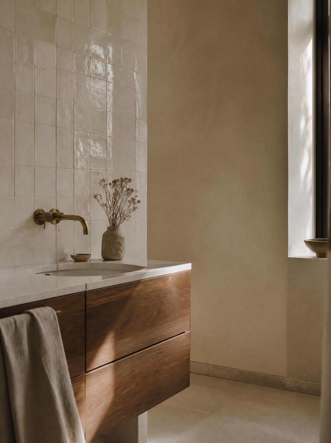Baño recién reformado con azulejo artesanal, mueble de nogal y grifo de latón
