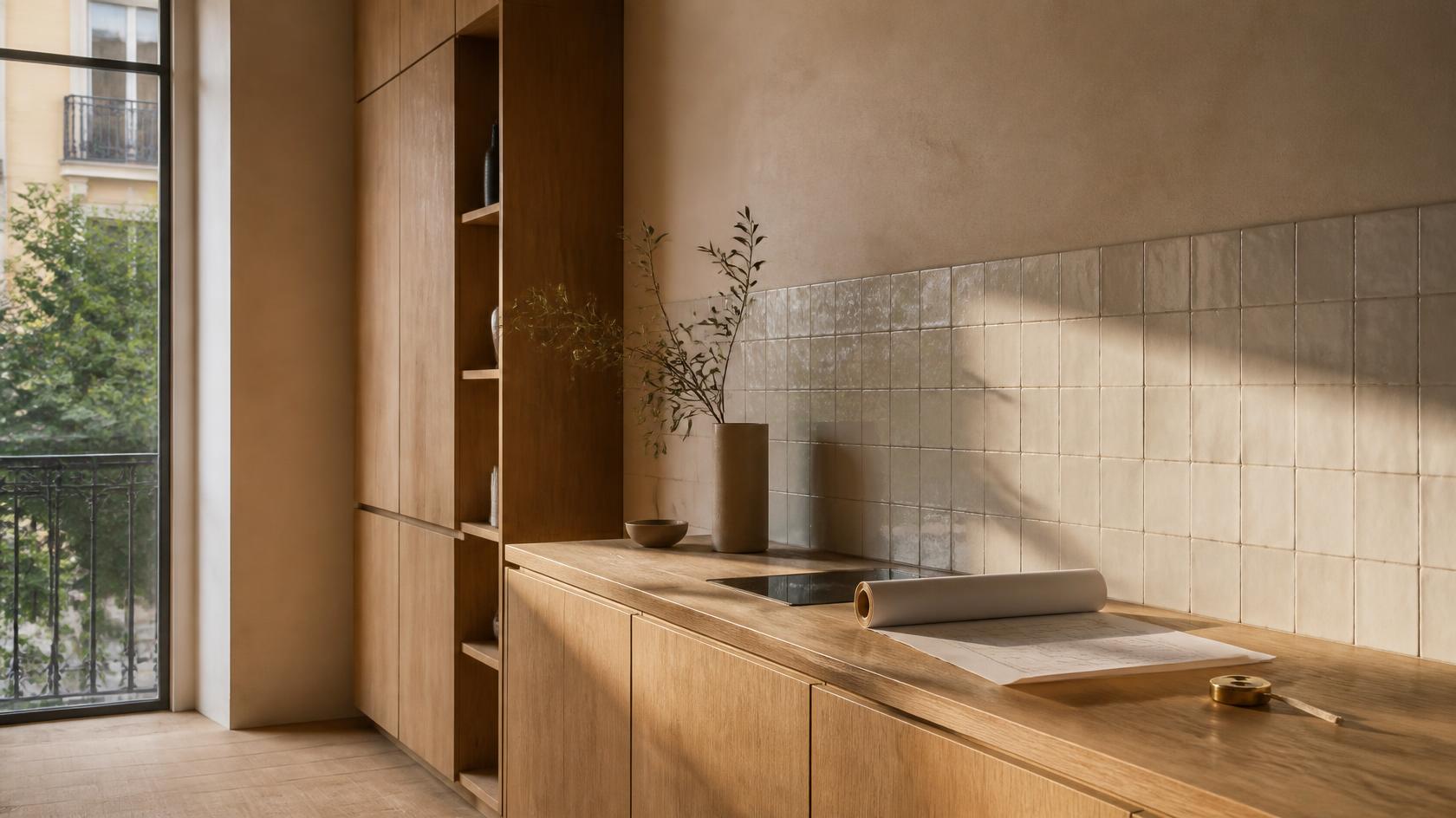 Cocina recién reformada con muebles de roble y luz de tarde